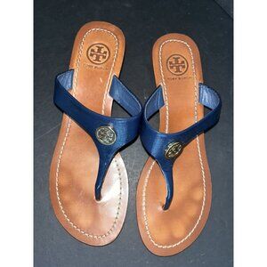 Tory Burch Cameron Sandal Sz 7 Wedge Thong Blue Patent Leather Gold Logo VGC